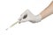 Medical theme: doctor\'s hand in white gloves holding a thermometer to measure the temperature of the patient on a white background