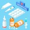 Medical tools and drugs, vitamins. Vector isometric medicine