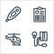 medical tools line icons. linear set. quality vector line set such as blood pressure gauge, helicopter, medical result