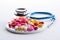 Medical Tools, Stethoscope and Pills for Diagnosing and Treating Health Conditions, Stethoscope with pile of colorful antibiotic