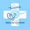 Medical tourism concept symbol background. Medical stethoscope on globe, airplane and cross as medical sign. Template logo