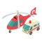 Medical transport icon isometric vector. Red helicopter and ambulance car icon