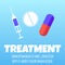 Medical treatment concept, pills and syringe drawing, poster template - flat vector illustration.