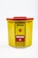 Medical waste bin 1,3 liter. Yellow biohazard medical contaminated clinical waste container isolated on white background