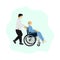 Medical worker help to pushing an old man patient wheelchair vector illustration.