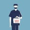 Medical worker holding white box for donor human organ transportation. Blue background. Flat vector