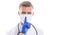 Medical worker man physician in respirator mask and rubber gloves with phonendoscope show hush gesture for keeping quiet