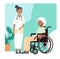 medical workers or volunteer taking care of an elderly person in a wheelchair