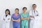 Medical workers on wall background