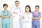 Medical workers on wall background