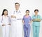 Medical workers on wall background