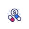 medication cost icon, pills and money vector