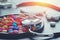 Medication and Stethoscope on Table, Health Care Concept, Stethoscope with pile of colorful antibiotic capsule pills on white