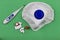 Medication thermometer and medical respirator on a green background