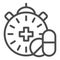 Medication time line icon. Pills and clock vector illustration isolated on white. Pharmacy time outline style design