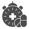 Medication time solid icon. Pills and clock vector illustration isolated on white. Pharmacy time glyph style design