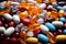 Medication variety in plastic packages forms colorful pill heap Diverse health remedies