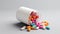 Medicinal drugs in the capsules. Colorful pills and capsules in glass vials on white background. Colorful pills in a glass bottle