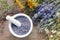 Medicinal herbs and mortar filled with lavender flowers.