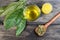 medicinal infusion of loquat leaves with honey, on rustic wooden background