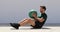 Medicine ball exercise russian twist man. Abs workout - fitness athlete working out doing strength training crunches