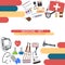 Medicine banner health tools medical hospital human service operation healthy care first aid kit vector illustration