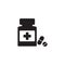 Medicine bottle and pills. Black and white icon. Vector illustration