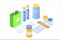 Medicine bottle, tablets, pills and blister package isometric icon.