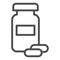 Medicine bottle and two capsules line icon. Antiviral treatment for strong immunity symbol, outline style pictogram on