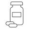 Medicine bottle and two capsules thin line icon. Antiviral treatment for strong immunity symbol, outline style pictogram