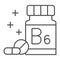 Medicine bottle with vitamins thin line icon, Gym concept, vitamin B supplement sign on white background, Bottle of