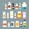 Medicine bottles collection. Bottles of drugs, tablets, capsules and sprays. Vector illustration