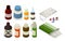 Medicine bottles, tablets, pills and blister package