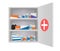 Medicine cabinet with tablets pills and drug bottles. Home pharmacy in bathroom 3d vector illustration. Open box with