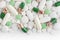 Medicine capsules, pills and tablets background with copy space