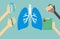 Medicine concept - lungs shape and hands with medical things