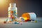 Medicine and drugs. Pill bottle and scattered pills. Medicine and health concept for painless wellness. Generated by ai