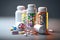 Medicine and drugs. Pill bottle and scattered pills. Medicine and health concept for painless wellness. Generated by ai
