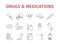 Medicine drugs pills. Medical supplies line icons set. Vector sign