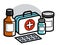 Medicine first aid medical kit theme pills and bottles 3d vector illustration isolated, medicaments and drugs.