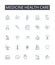 Medicine health care line icons collection. Healthcare, Pharmaceuticals, Nursing, Physicians, Surgery, Therapy