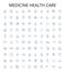 Medicine health care outline icons collection. Medicine, Health, Care, Treatment, Diagnosis, Surgery, Prescription