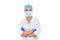 Medicine, health concept. Doctor in uniform with medical mask and protective gloves standing in powerful, confident pose,