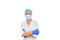Medicine, health concept. Doctor in uniform with medical mask and protective gloves standing in powerful, confident pose, arms.
