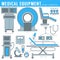 Medicine and healthcare medical equipment tools and technology isolated objects vector MRI and gurney or examination