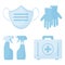 Medicine icon. Disinfection spray, medical mask, first aid kit, surgical gloves. Vector