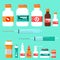 Medicine Icon Set. Medicine bottles with labels, stethoscope, bottles for drugs, tablets, capsules, prescriptions, vitamins etc