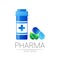 Medicine Jar Vector Logo Symbol Medical Bottle in flat style Pill Design Element for Pharmacy in Blue Color