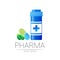 Medicine Jar Vector Logo Symbol Medical Bottle in flat style Pill Design Element for Pharmacy with Organic Leaf