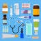 Medicine. Medicines. Mask, tablets, syringe, band-aid, ointment, spray, thermometer. Vector illustration